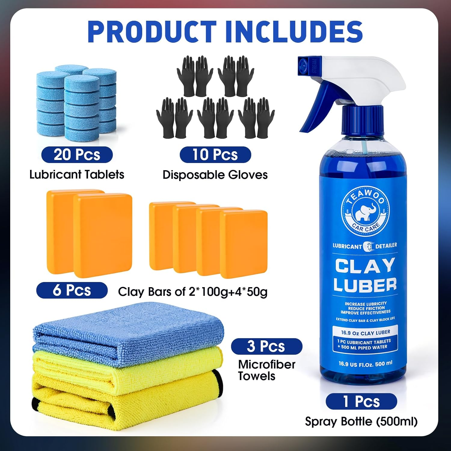 TEAWOO Car Clay Bars Kit, 6 Clay Bars & 20 PCS Lubricant Tablets, Complete Car Detailing Kit, Spray Bottle, Disposable Gloves and Microfiber Towels for Car Detailing Cleaning image number 4