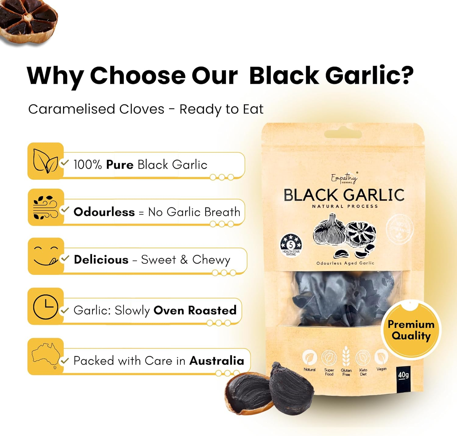 Empathy Herbal Premium Organic Black Garlic Peeled Cloves - Odorless & Delicious (40G) image number 6