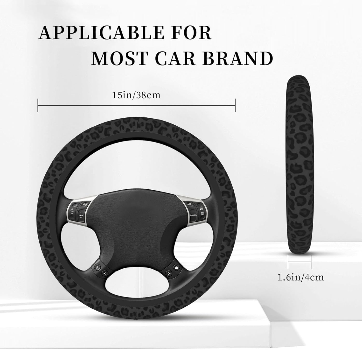 Black Leopard Print Cheetah Elastic Steering Wheel Cover, Non-Slip Breathable Neoprene Steering Wheel Covers, Women Leopard Car Accessories, Universal 15 Inch Fit Auto, Suvs, Truck - Animal Leopard image number 6