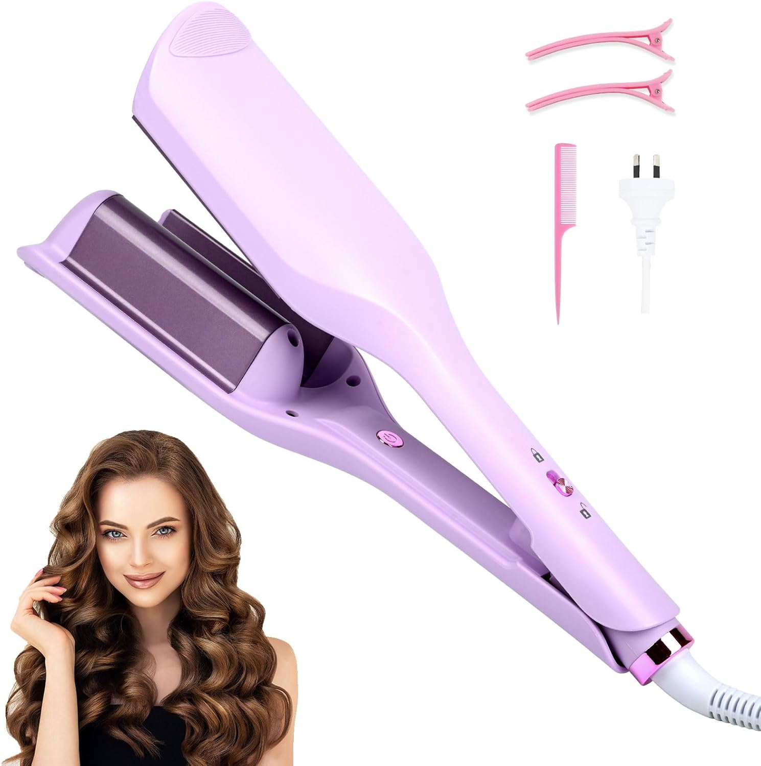 UOEPOWA 40Mm Wave Curling Iron, Deep Waver Curling Iron, Ionic Beach Waves Curling Wand with Ceramic Tourmaline Barrel, Dual Voltage, Anti-Scalding Fast Heating for Short and Long Hair (Purple)