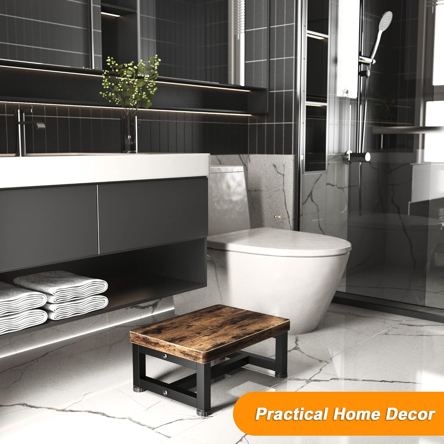 Wooden Step Stools for Adults Kids with Non-Slip Rubber Feet, Heavy Duty Stepping Stools with 500-LBS Capacity for Bedroom Kitchen Bathroom, Bed Steps for High Beds, Easy to Assemble, Rustic Brown - Black image number 3