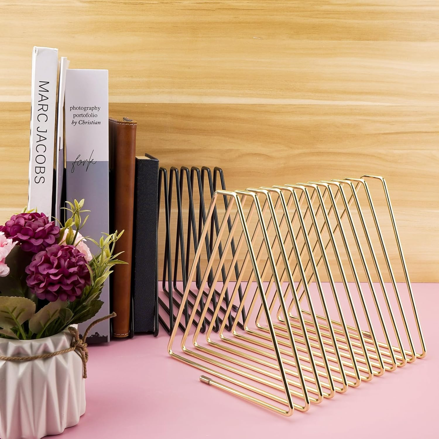 Elastic Decorative Bookend for Desk, 11 Slots Elastic File Sorter Organizer, Stretchable Iron Triangle Bookshelf Holder for Home, Office (Gold) image number 5