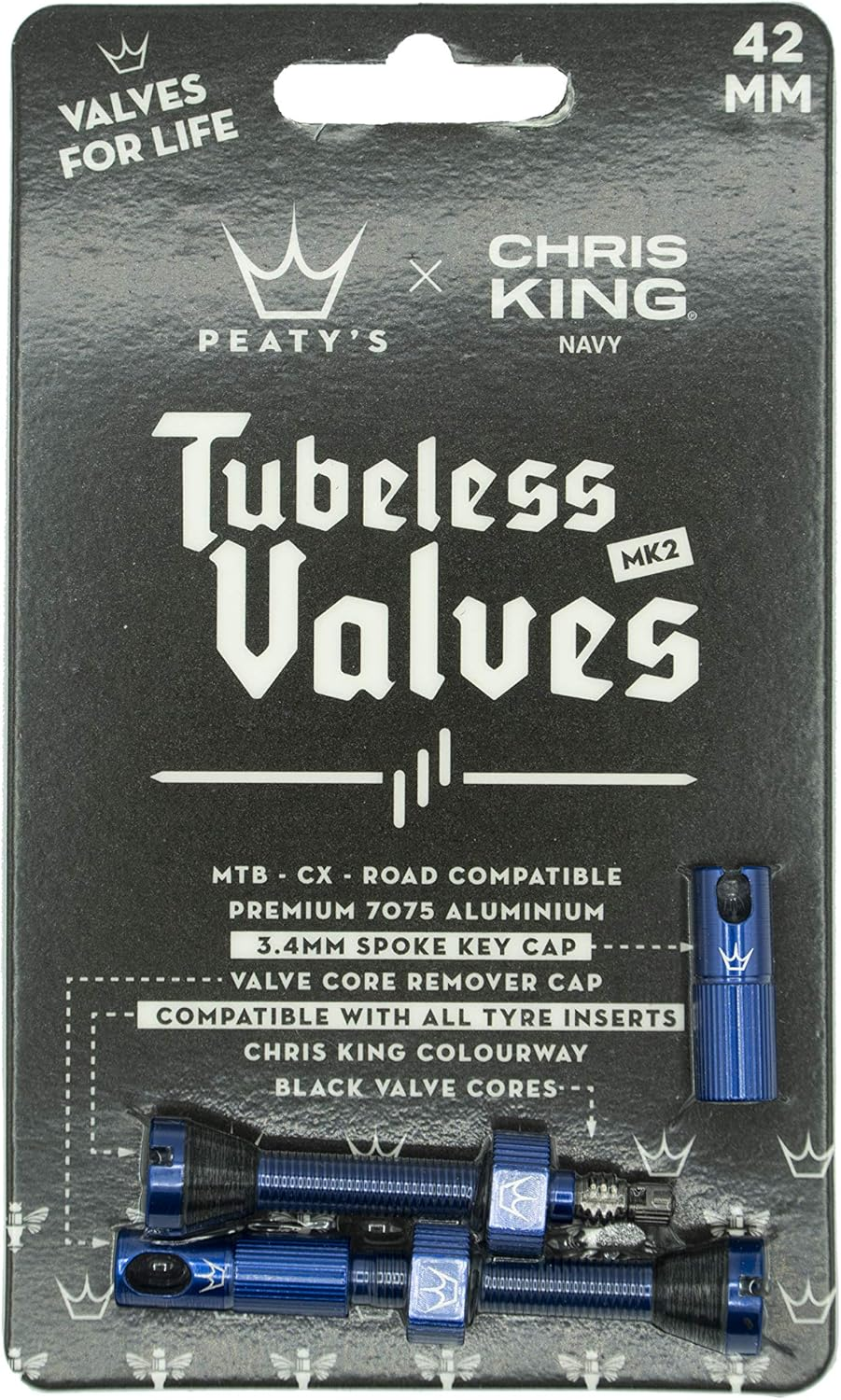 Peaty'S X Chris King MK2 Tubeless Valves Presta - Integrated Spoke Key & Valve Core Removal Caps, Mountain Bike, Road & Gravel Bicycle Tyre, Insert Compatible, 7075 Aluminium - 42Mm, Navy image number 4