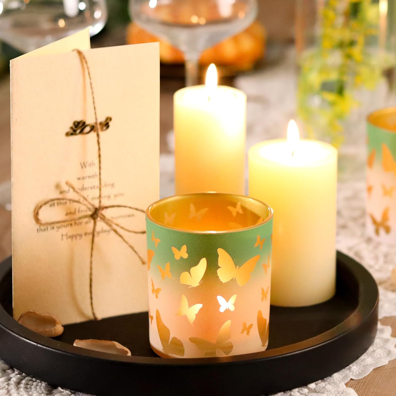 Glass Candlestick Holder, Birthday Gifts for Mom, Delicate Gifts for Women/Her, Butterfly Glass Tea Light Candle for Home Dining Table Office Desk Party Decoration Candle Holder, Green image number 4