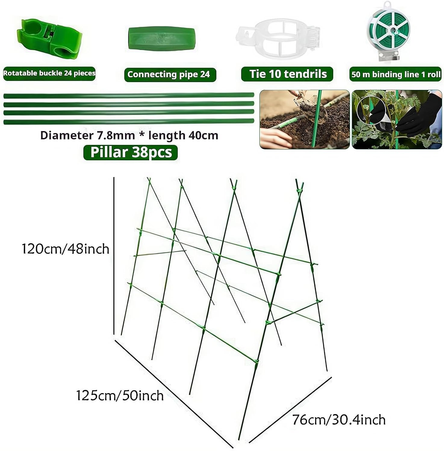 97Pcs Garden Stakes Set with 38 Fiberglass Plant Supports & 59 Accessories for Tomato, Vegetables, Climbing Vines - 4Ft/5Ft/6Ft/7Ft DIY Stakes for Indoor & Outdoor Gardening Supplies image number 2