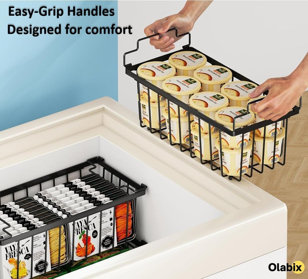OLABIX Freezer Organiser Bins with Side Handles (37X18X13Cm), Stackable Chest Metal Wire Storage Basket Deep Freezer Organizer Sort Frozen Meats, Vegetables, Foods for Kitchen & Pantry (4-Pack) image number 1