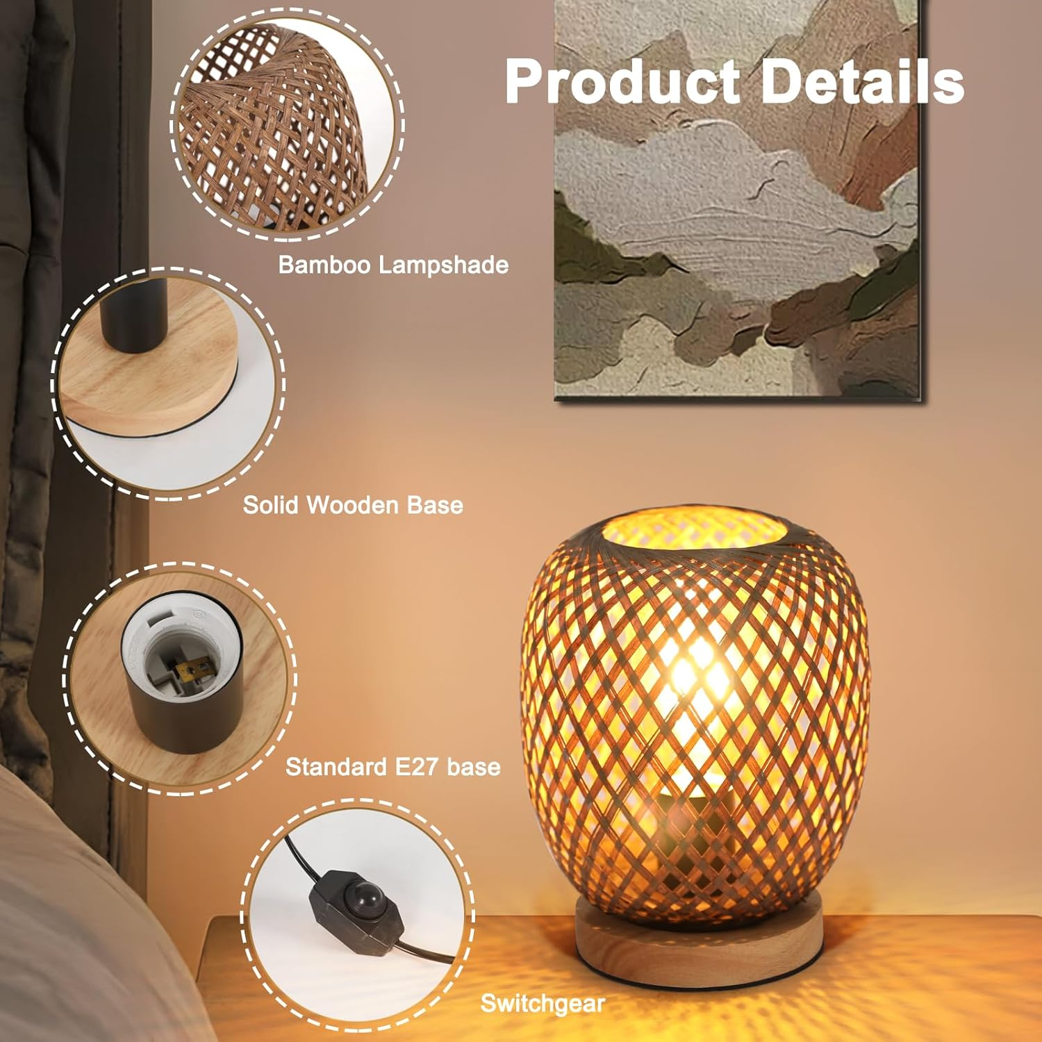 Bamboo Bedside Lamp, Vintage Retro Table Lamp with E27 Base and Built-In Dimmer, Ideal for Bedroom, Living Room and Office (Bulb Not Included) image number 2