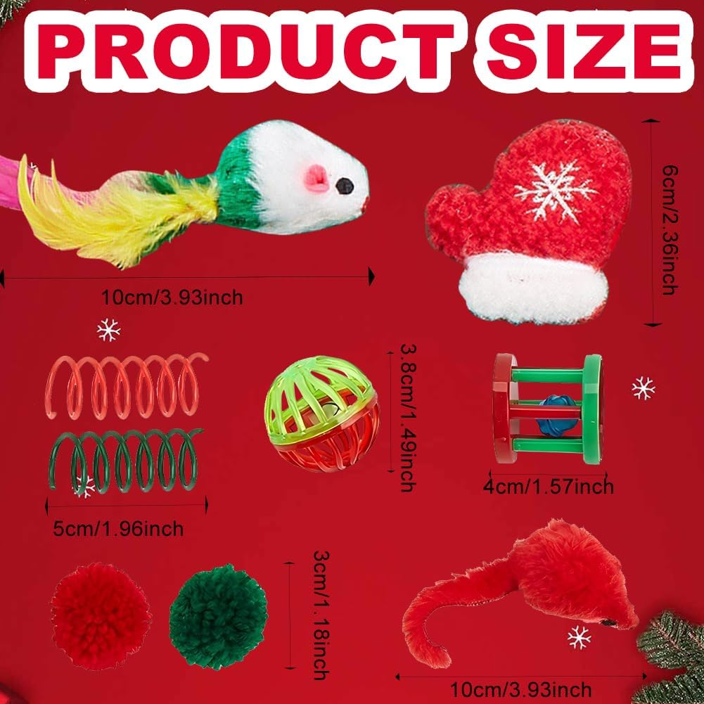 Christmas Cat Toys Set 9 Pcs Cat Interactive Toys for Indoor Including Mice Toy Bells for Cat Cats Catnip Feather Teaser Ball Toys Springs and Christmas Gloves Toys Gift for Cat and Puppy Kitty