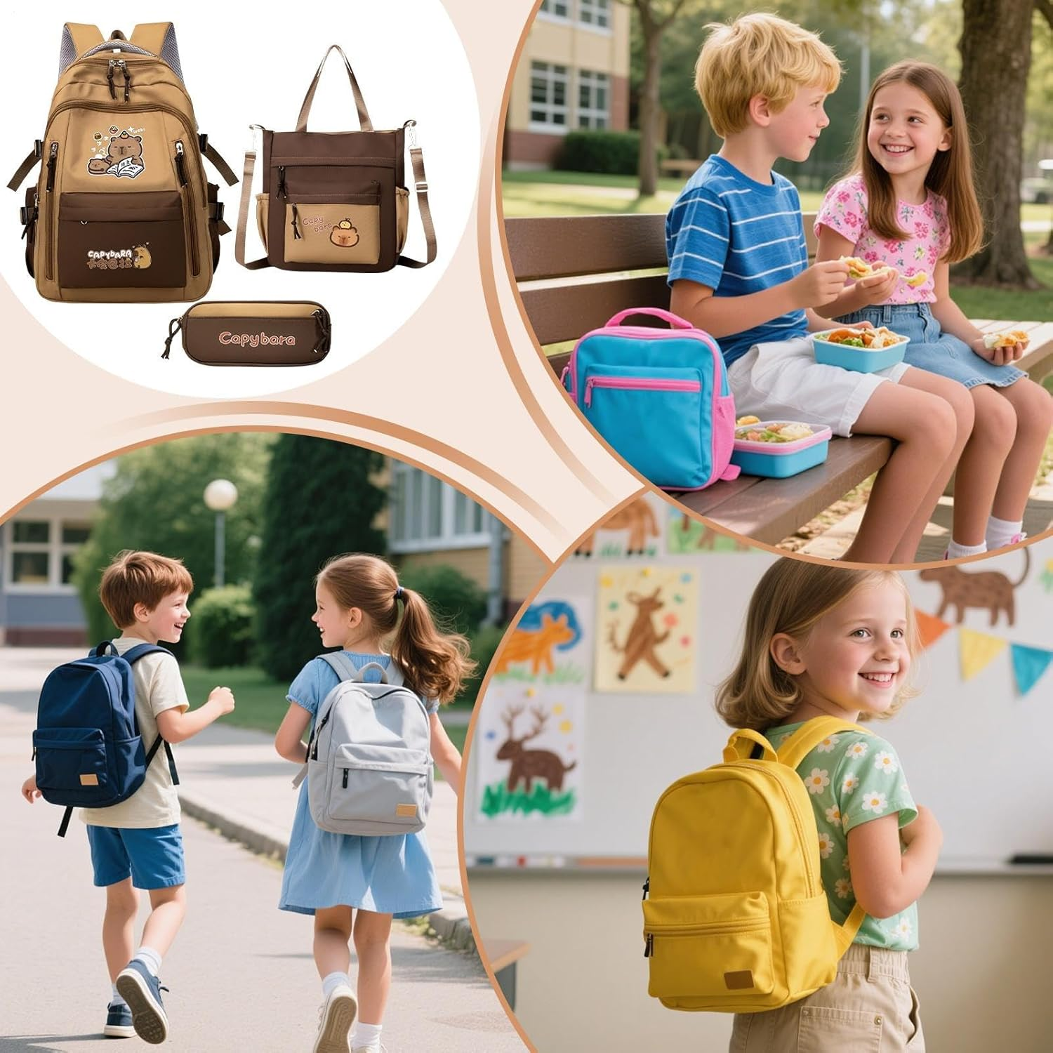 Capybara Backpack Kit,Large Capacity Capybara School Bag Set | Waterproof Bookbag Pencil Bag Kit for Laptop Tablet Daily Christmas Travel Water Bottle Books Stationery Students - B image number 3