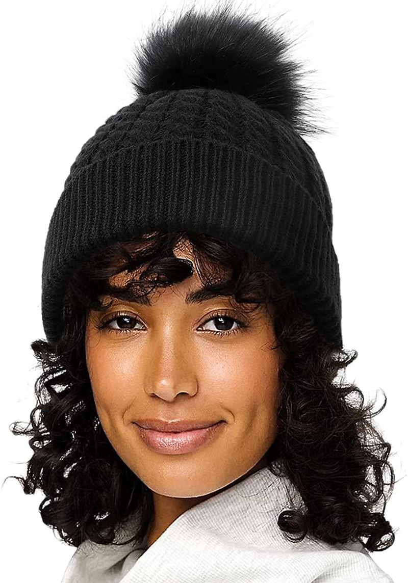 Womens Winter Satin Lined Beanie Hat Cuffed Cable Knit Detachable Faux Fur Pompom Silky Lined Warm Cap