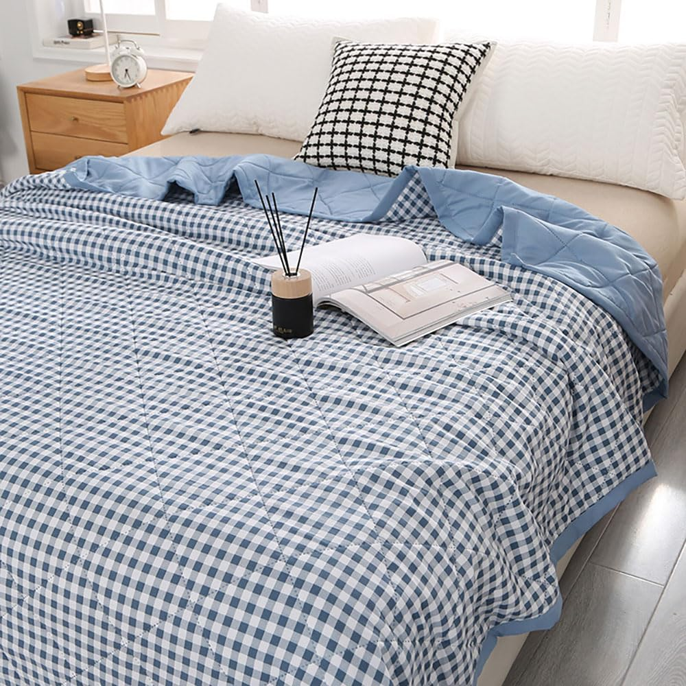 Plaid Quilted Bedspreads - Summer Soft Washed Cotton Lightweight Comforter, Reversible Checked Polyester Filling Cooling Blanket for Single Double Bed Air Conditioning Use (Light Blue,150X200Cm) image number 3