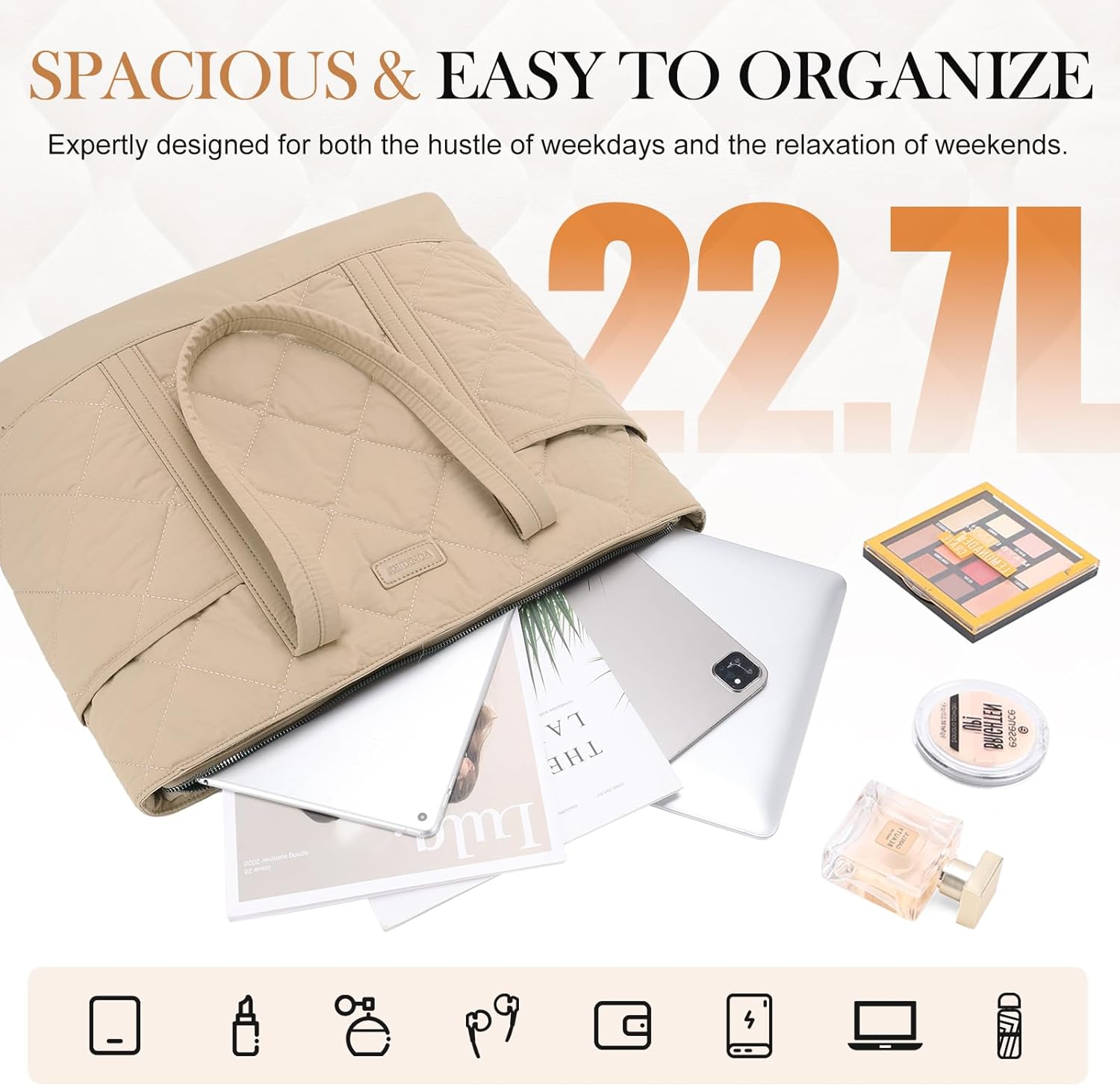 VX VONXURY Tote Bag for Women,Puffer Handbag with Multi Pockets Large Quilted Shoulder Bag for Daily Travel image number 6