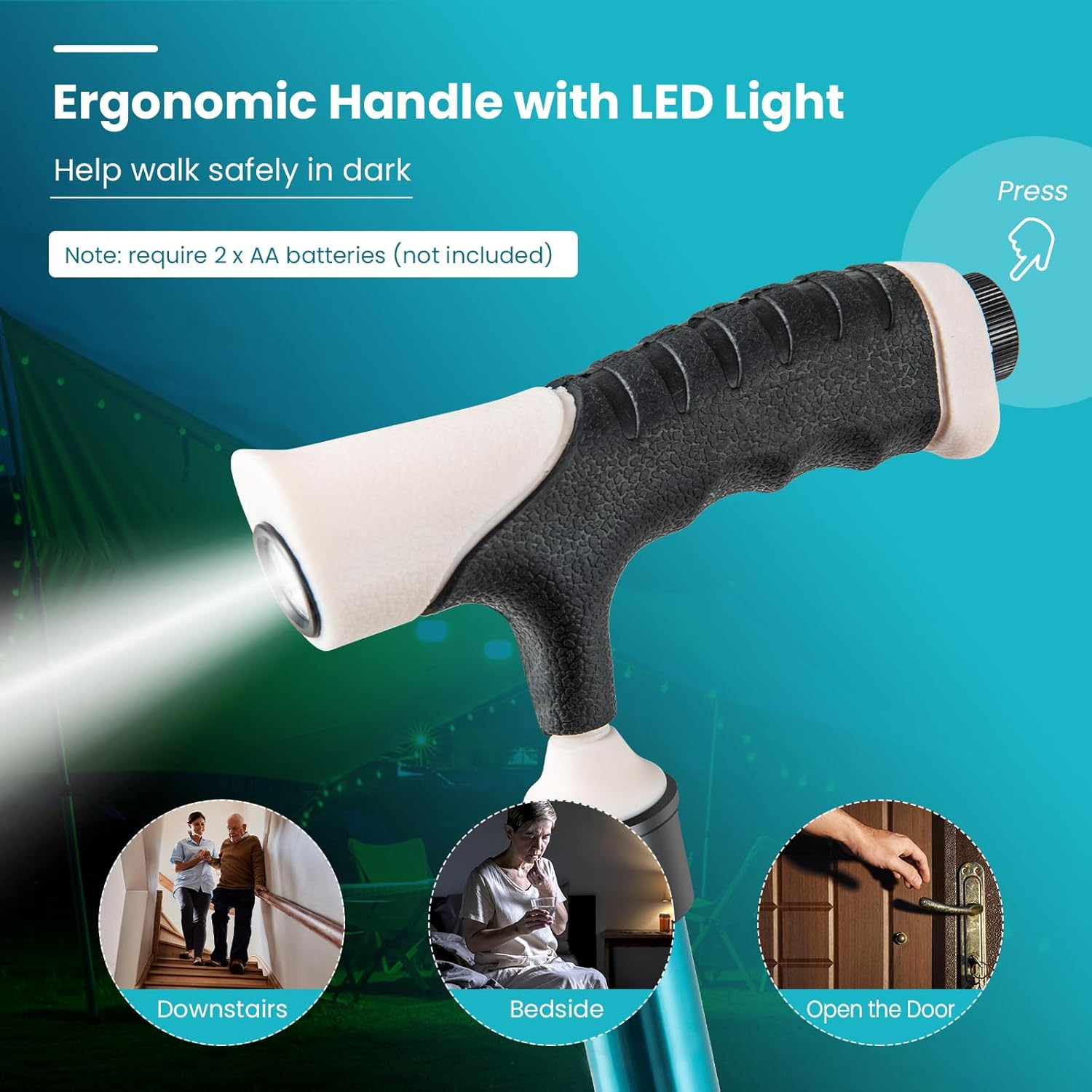 Costway Folding Cane Seat, Portable Multifunctional Aluminum Crutch W/LED Light & Ergonomic Handle, Height Adjustable Walking Stick, W/Massage Seat Board, Anti-Skid Pads - Coffee image number 6