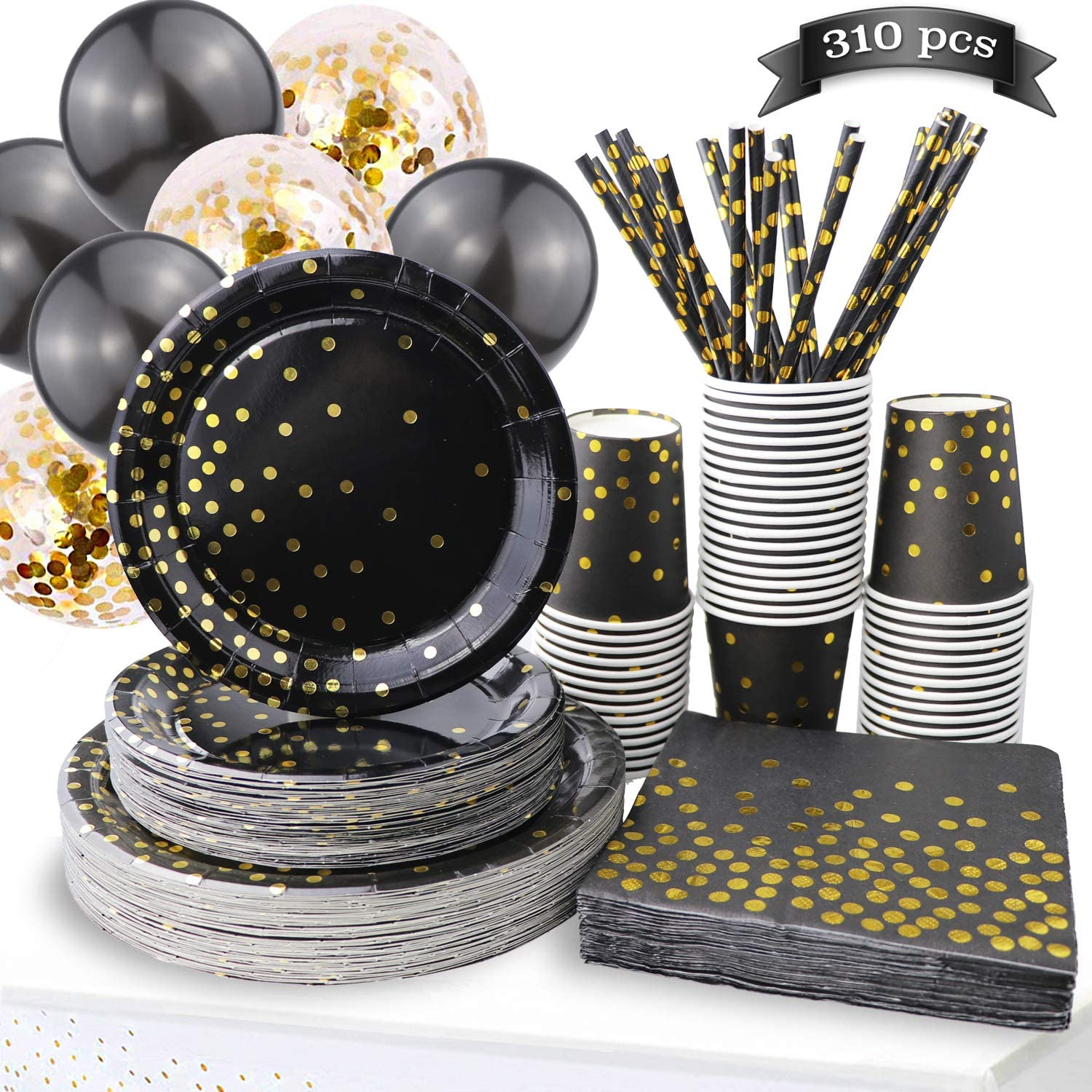 310PCS Black and Gold Party Supplies - Disposable Paper Plates Dinnerware Set Rose Gold Dots 50 Dinner Plates 50 Dessert Plates 50 Cups 50 Napkins 50 Straws 60 Balloons Birthday Party Wedding Holiday image number 2
