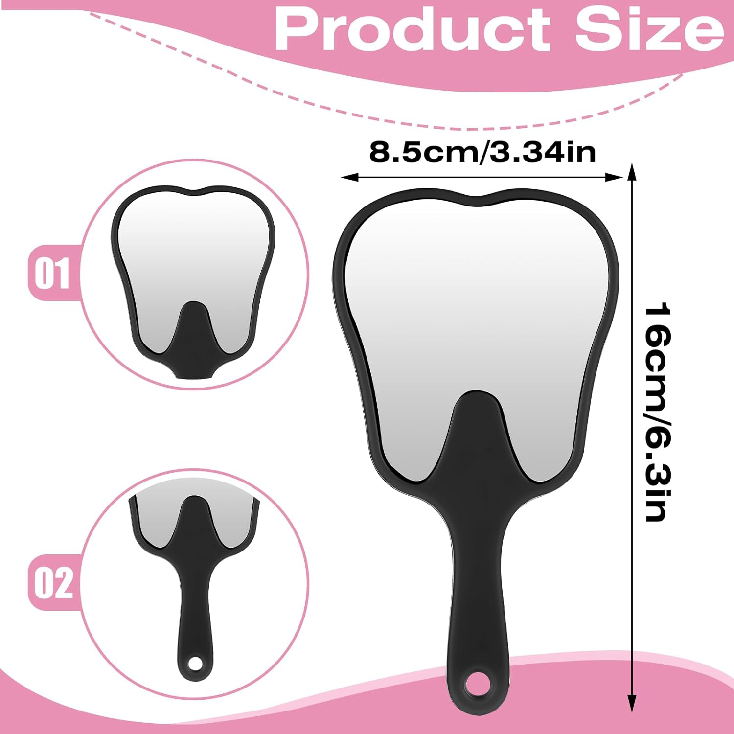 Gjinxi Tooth Shaped Handheld Mirror 2 Pcs Makeup Mirrors with Handle Portable Cosmetic Mirror Cute Dental Mirrors Single Sided Vanity Mirror Travel Looking Glass Reflector Tool for Daily Women - White, Pink image number 7