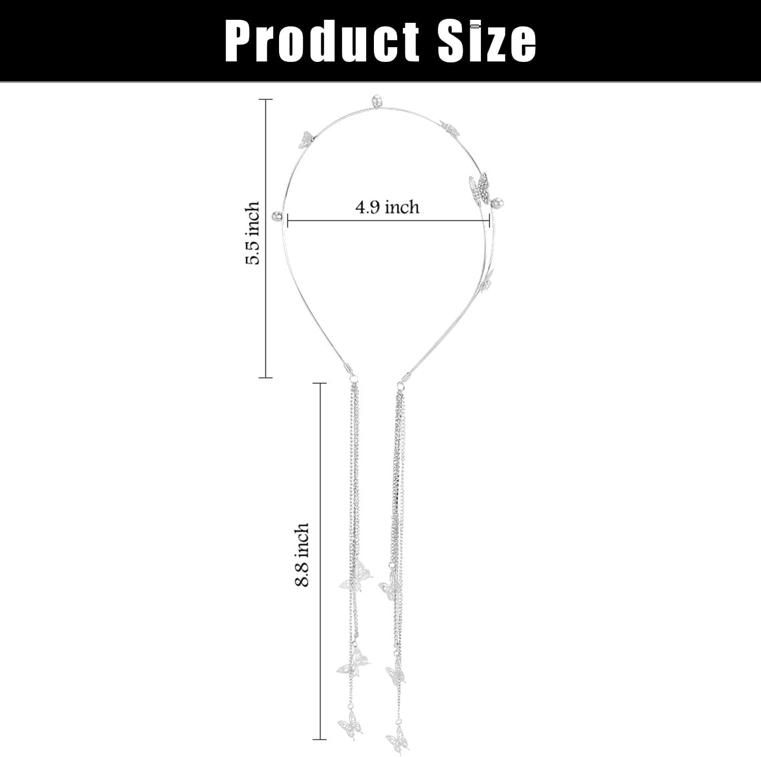 Wedding Butterfly Headband, Chain Silver Tassel Hair Hoop, Crystal Tassel Headband, Vintage Decorative Hair Hoop, Butterfly Crystal Headpiece, for Bride Girls Women image number 3