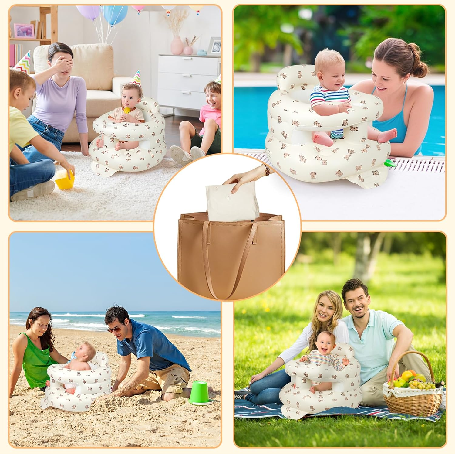Inflatable Baby Seat Portable Baby Chair Inflatable Chair for Babies 3 Months & up Infant Back Support Baby Sofa Foldable Blow up Baby Beach High Chair with Built in Air Pump
