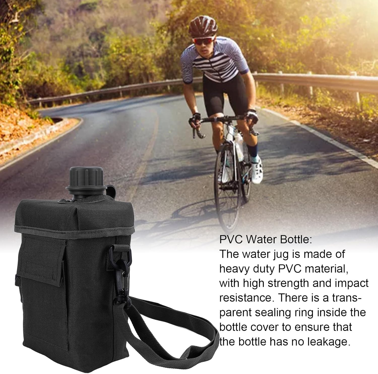 Sports Water Jug, 2L Large Capacity Running Water Bottle with Waist Bag, PVC Nylon Modern Water Flask Jug for Outdoor Sports Hiking (Black) - Black image number 2