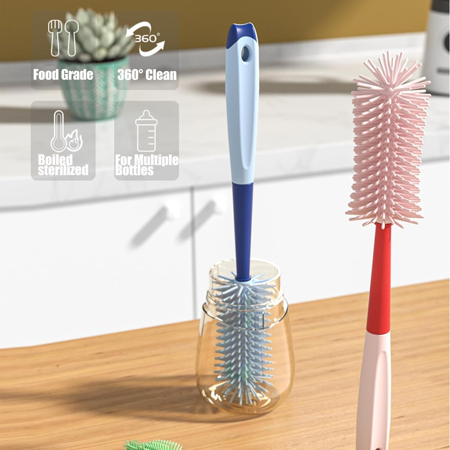 Bottle Brush 3 Pack - Silicone Baby Bottle Cleaner Brush Staw Cleaning Kitchen Wire Scrub Set for Washing, 12" Long Handle Water Sports Bottle Cleaner Vase, Glassware (Red) - 3-One-Red image number 4