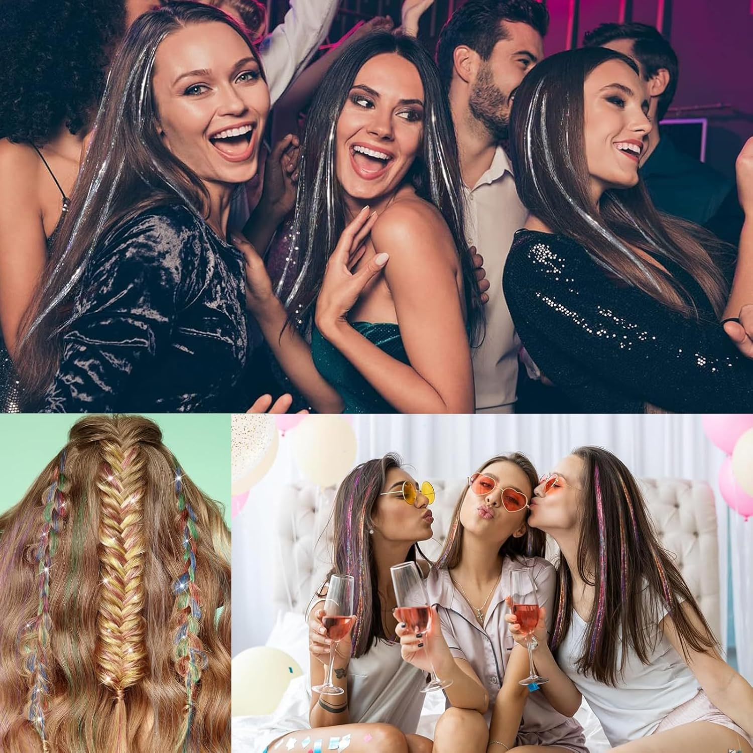 DHWEKU Hair Tinsel Strands 3 Colours Hair Tinsel Extensions, Hair Tinsel Strands Kit Hair Tinsel Hair Tinsel Strands Hair Strands, 120 Cm Strands Straight Long Hairpiece Accessories for Girls Women image number 3