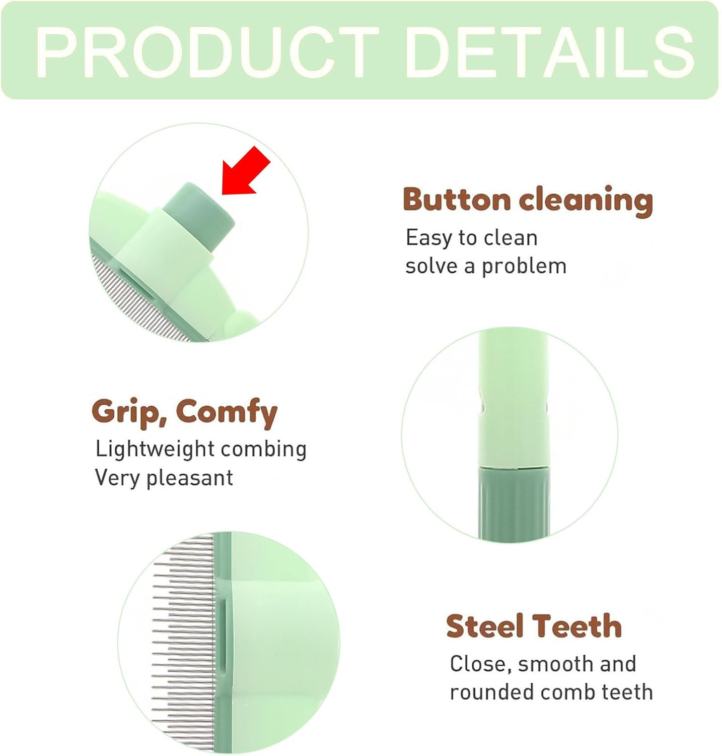Cat Comb, Green, Self-Cleaning Flea Comb for Cats and Dogs, Cat Brush with Release Button, Self-Cleaning Grooming Brush, Fur Flash Brush, Dog Brush, Pet Brush for Long Short Hair Care - Green image number 1