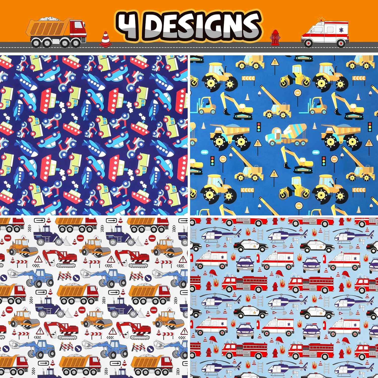 ZCOINS 4 Sheets 70 X 50CM Vehicle Wrapping Paper for Kids Mens Police Car Ambulance Fire Truck and Helicopter Emergency City Rescue Theme Transport Gift Paper Bulk for Birthday Party DIY Crafts Supply image number 6