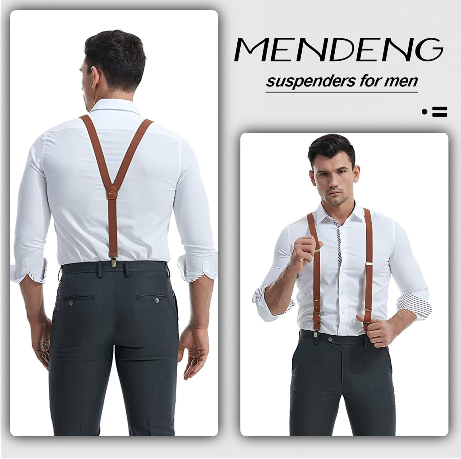 MENDENG Adjustable Suspenders for Men Bronze Metal Clips Braces with Leather
