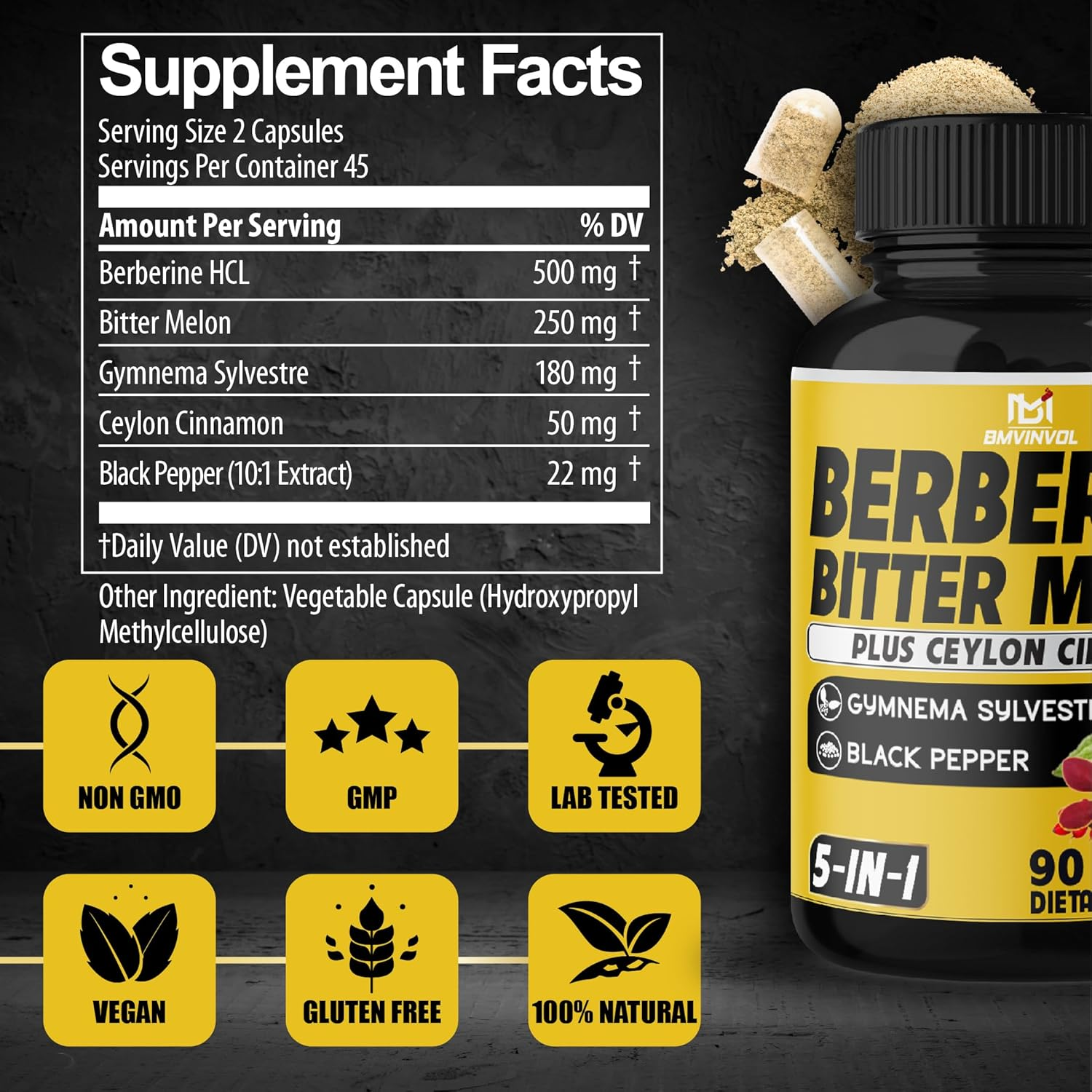 Berberine Hcl Supplement with Ceylon Cinnamon, Bitter Melon, Gymnema Sylvestre Extract - 90 Capsules image number 1