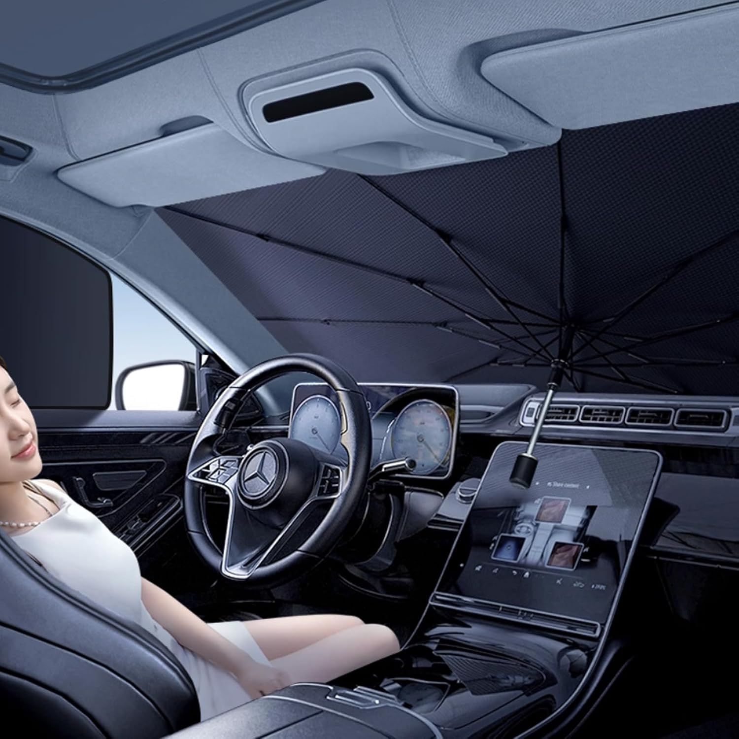 Premium Car Windshield Sunshade Umbrella, Foldable 5 Layers UV Block Coating Car Sunshade for Front Windshield Heat Insulation, Universal Fit for Sedans and Suvs, Windshield Cover Silvery image number 4