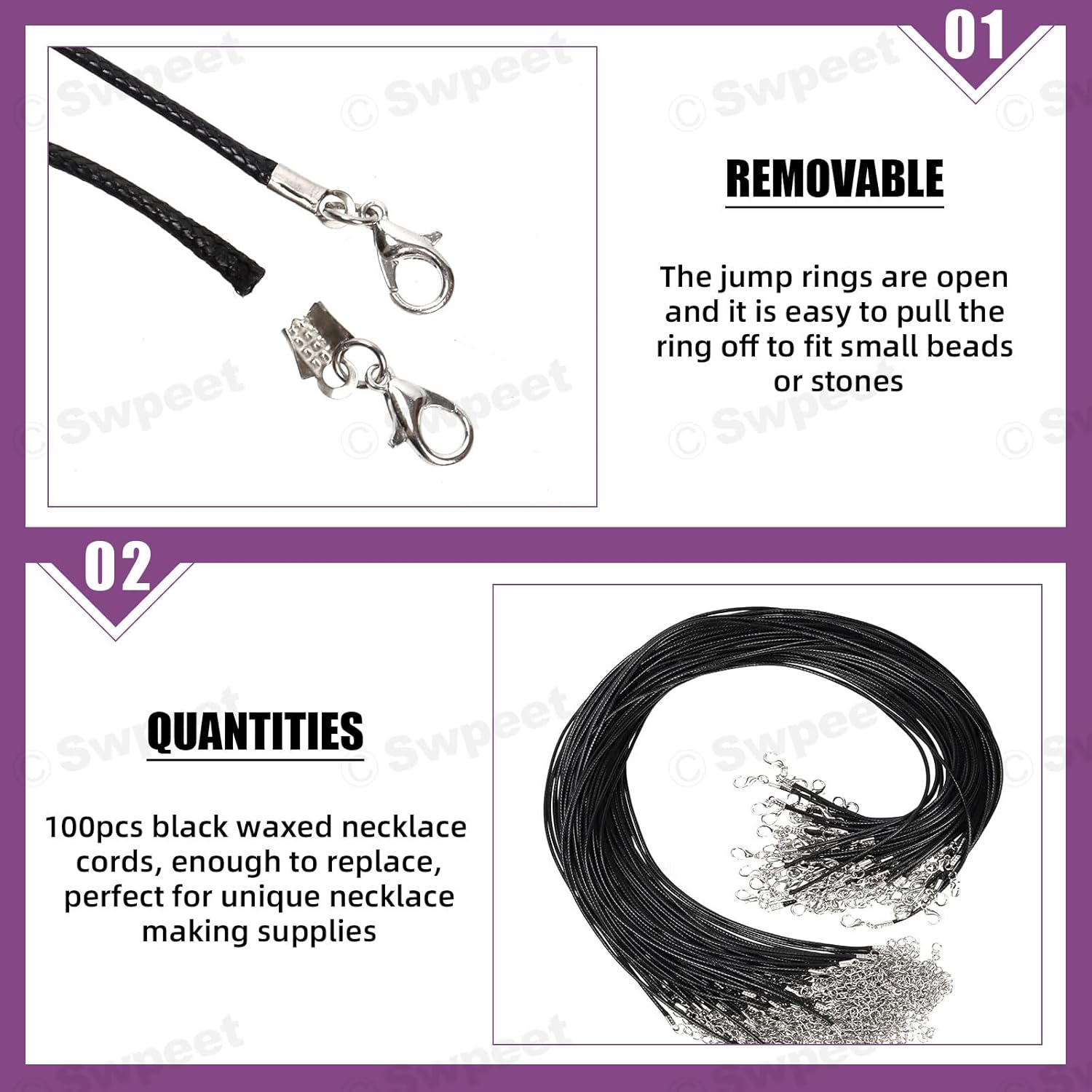 Swpeet 100Pcs 19" 1.5Mm Multicolor Waxed Necklace Cord Bulk with Clasp Necklace Rope String for Necklace Bracelet Jewelry Making Accessories, DIY Bracelet Pendant image number 3