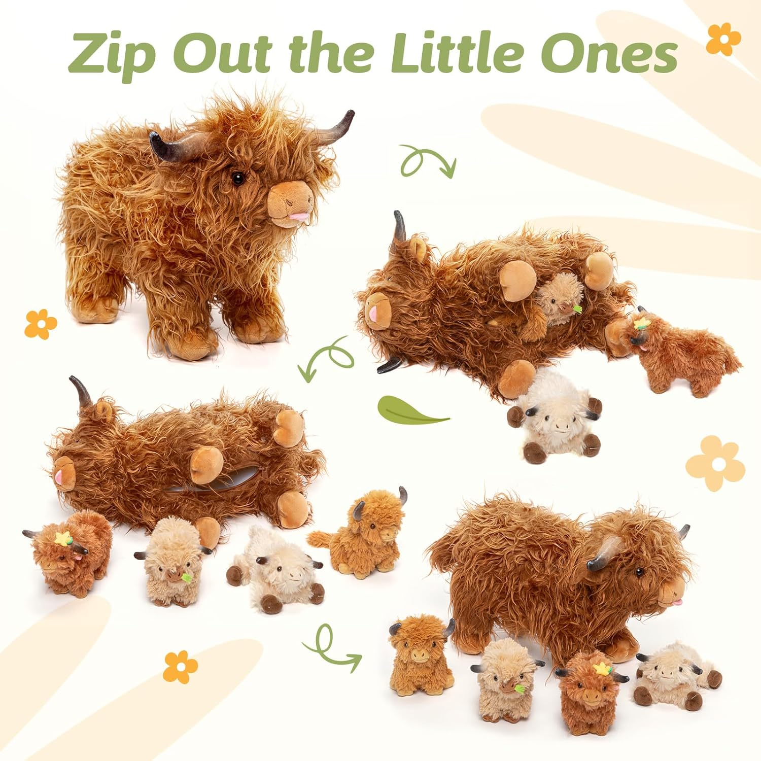 OUOZZZ Highland Cow Stuffed Animals -Plush Toys Set Mommy and 4 Little Cattle Babies Inside, Baby Toys Birthday Gift Present Toys for Girls Boys Kids Toddler Infant - Highland Cow image number 3