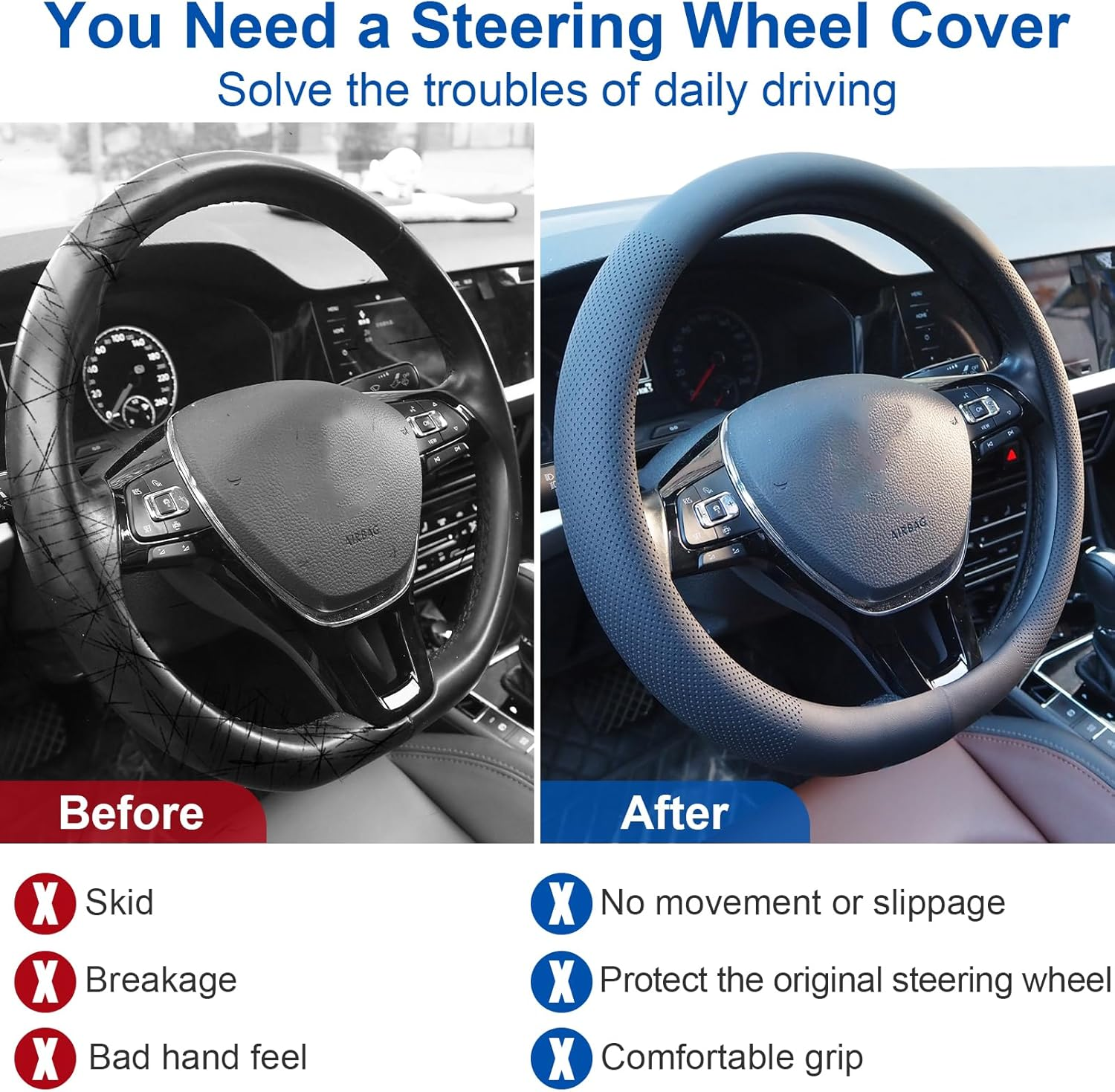 Nappa Leather Car Steering Wheel Cover for 14-15 Inches, Anti-Slip Soft Leather Steering Wheel Cover Full Surround, Universal Breathable O-Shaped, D-Shaped Steering Wheel Protector (Black-O Shaped) image number 4