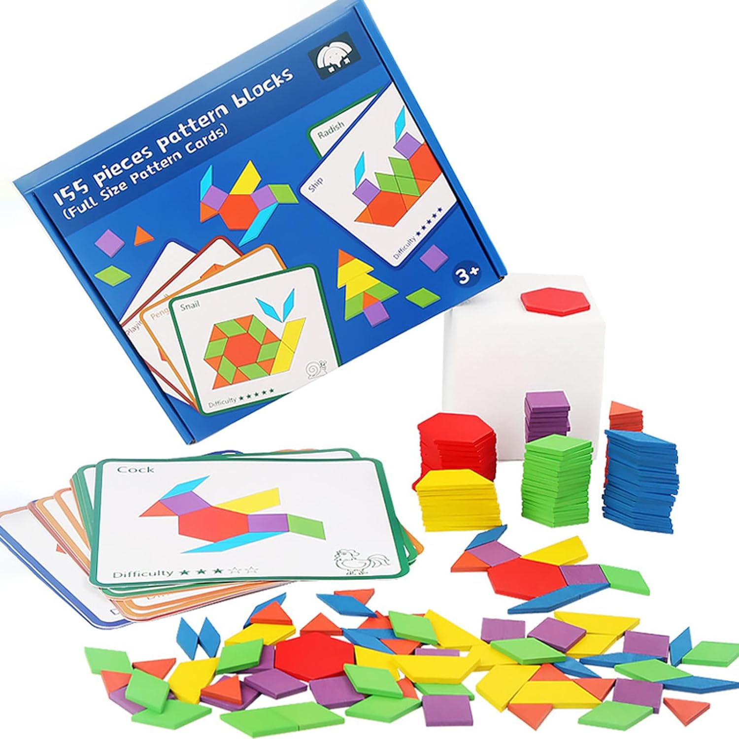 155 PCS Wooden Pattern Blocks Set Geometric Shape Puzzle Kindergarten Classic Educational Montessori Tangram Toys for Kids Ages 4-8 with 12Pcs Double Side Cards image number 2