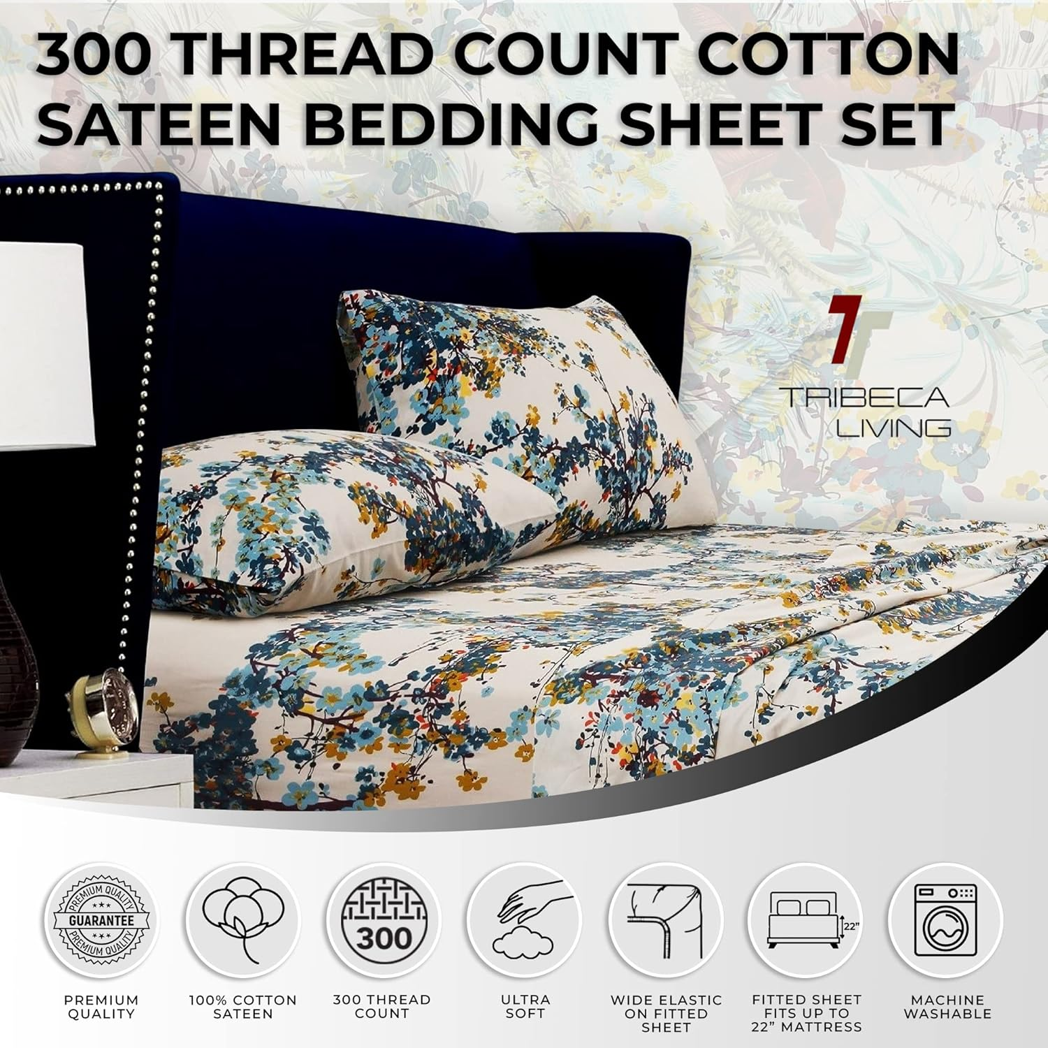 Tribeca Living Casablanca Floral Printed Deep Pocket Sheet Set, California King image number 2