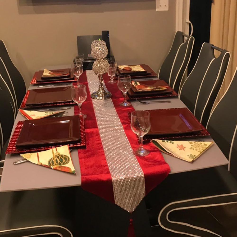 (Red) - (TM 33Cm X 180Cm Table Runner with Diamante Strip and Tassels (Red) - A-Grey image number 7