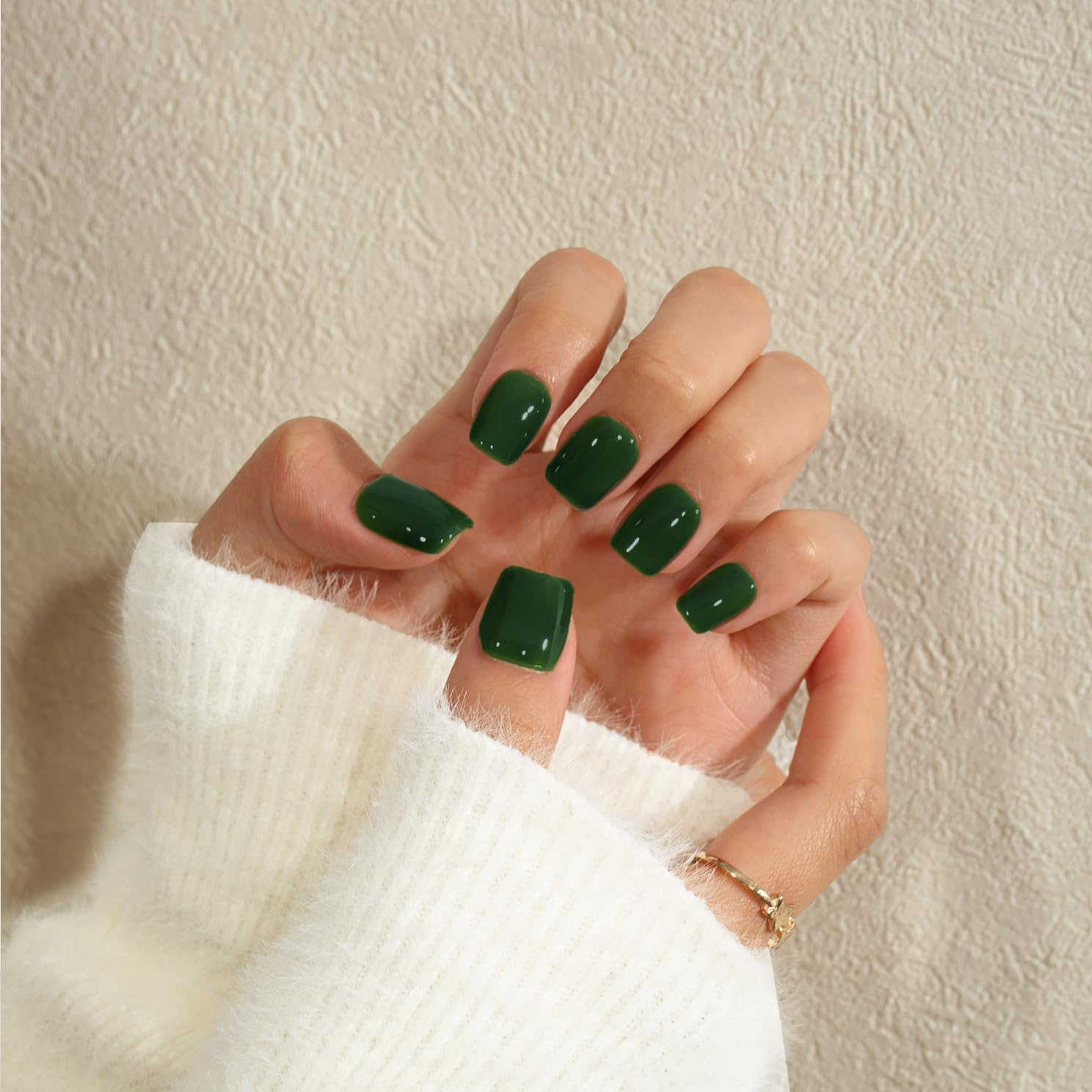 Kqueenest Dark Green Press on Nails Short Square, Short False Nails with Glue, Glossy Solid Emerald Green Fake Nails Set, Natural Fit, Reusable Small Gel Stick on Nail for Women Decoration 24 Pcs image number 4