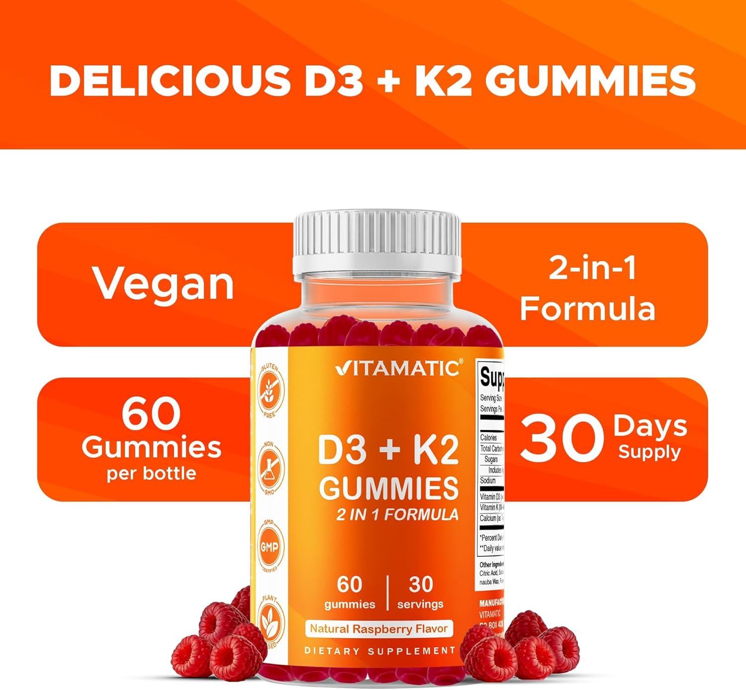 Vitamatic Vitamin D3 K2 Gummies - 60 Count - Supports Healthy Bone, Heart & Calcium Absorption, & Immune Health - Plant Based, Non-Gmo, Gluten Free image number 1