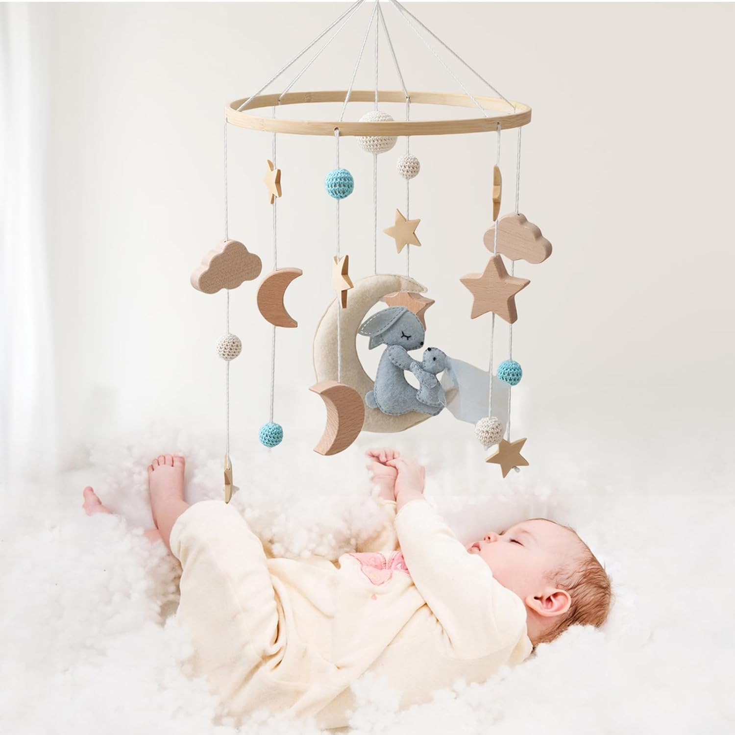 Mobile Baby Moon Rabbit Baby Bed Bell with Stars Clouds Wind Chimes Baby Mobile Cute Baby Room Decoration Newborn Gift for Boys Girls