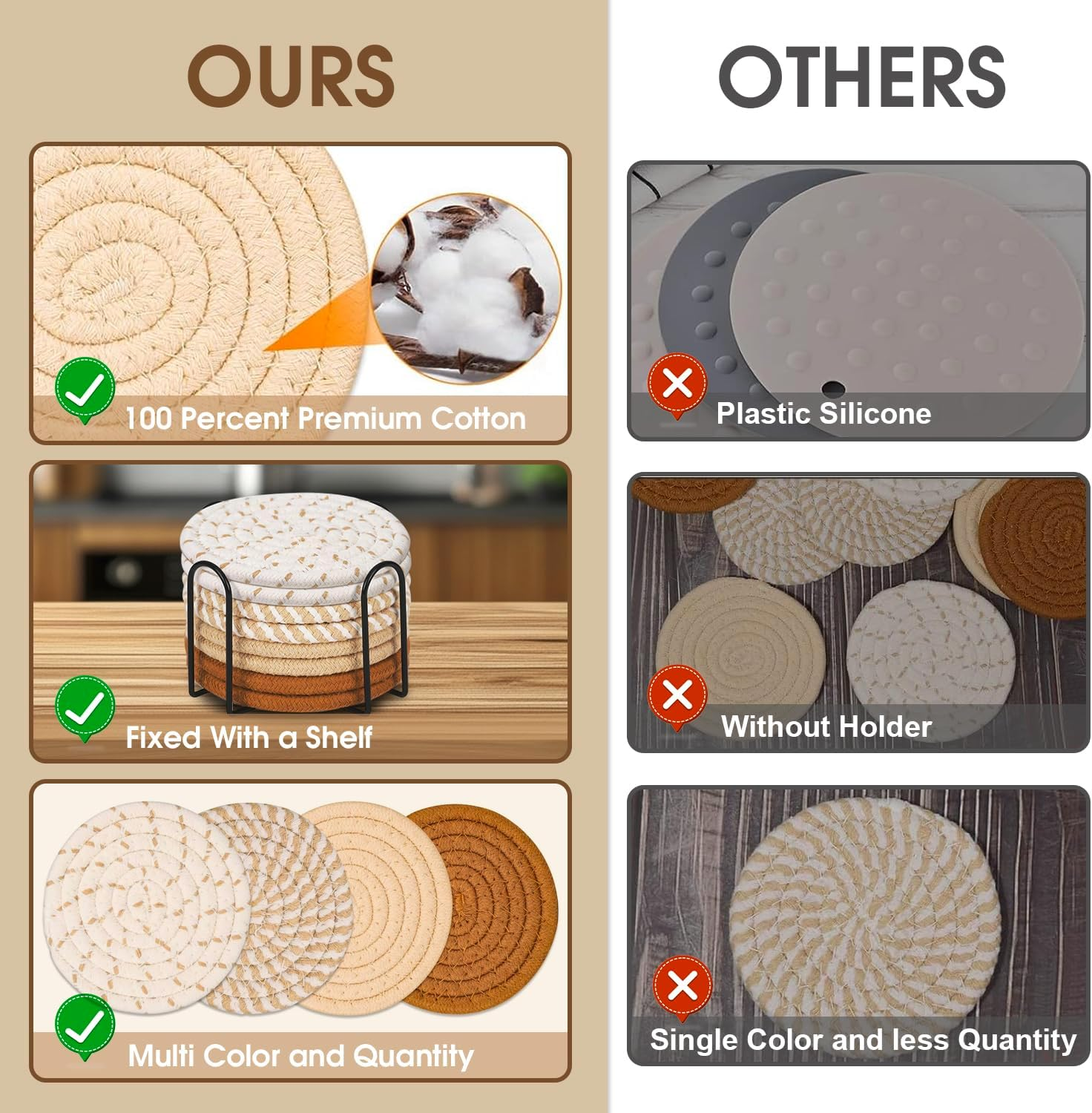 Sonicefit 8Pcs Drink Coasters with Holder, 4 Colors Minimalist Cotton Woven Coasters Set, Boho Absorbent Coaster Suitable for Various Cups, Ideal for Coffee Table, Bar Tabletop, Home Decor (Color 1) image number 1