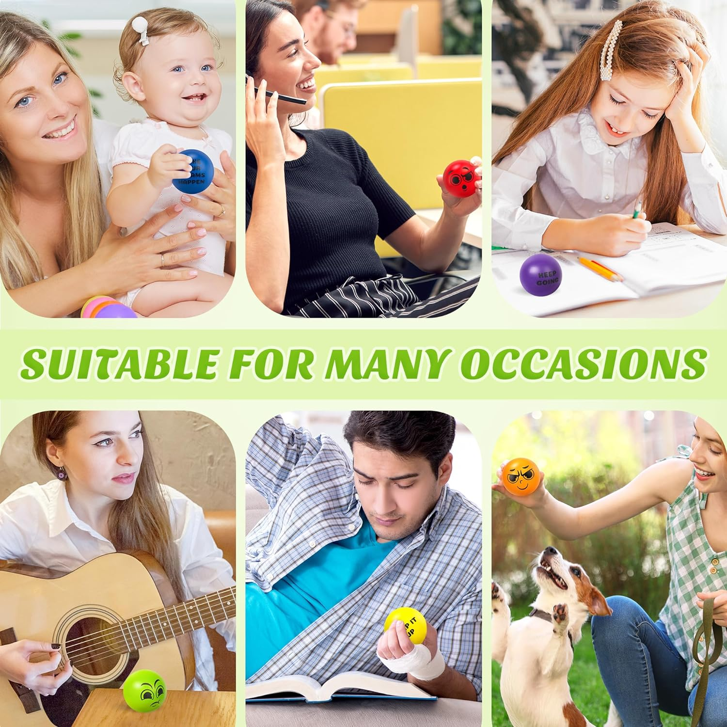 6Pcs Motivational Stress Balls for 3+ Kids and Adults, Inspirational Stress Relief Balls Hand Exercise Therapy Ball Set, Double Sided Colorful Foam Stress Ball with Positive Quotes and Smiles image number 3