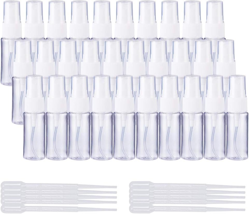 BENECREAT 30 Pack 20Ml Plastic Fine Mist Spray Bottles with 10 Pack Plastic Pipettes for Perfume, Essential Oils
