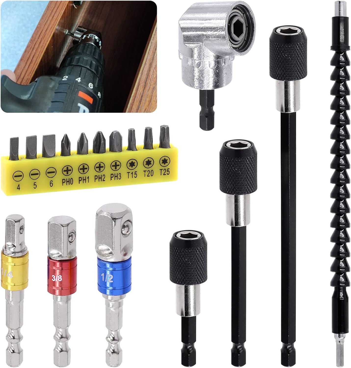 Tanstic 18Pcs Flexible Drill Bit Extension Set, Includes Bendable Drill Bit Extension, 105&deg; Right Angle Drill, Hex Shank Drill Bit Holder, 1/4" 3/8" 1/2" Hex Socket Adapter Set, Screwdriver Bit Kit image number 3