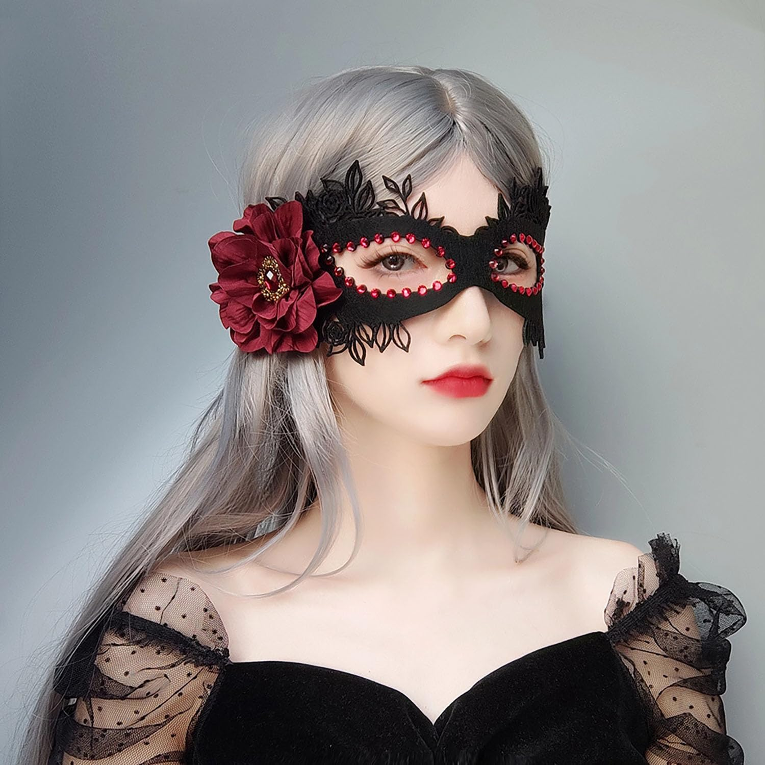 Therian Masquerade Mask for Women - Dark Red Rose Lace with Shiny Rhinestones, Half Face Costume for Cosplay, Carnival, Prom, Party image number 1