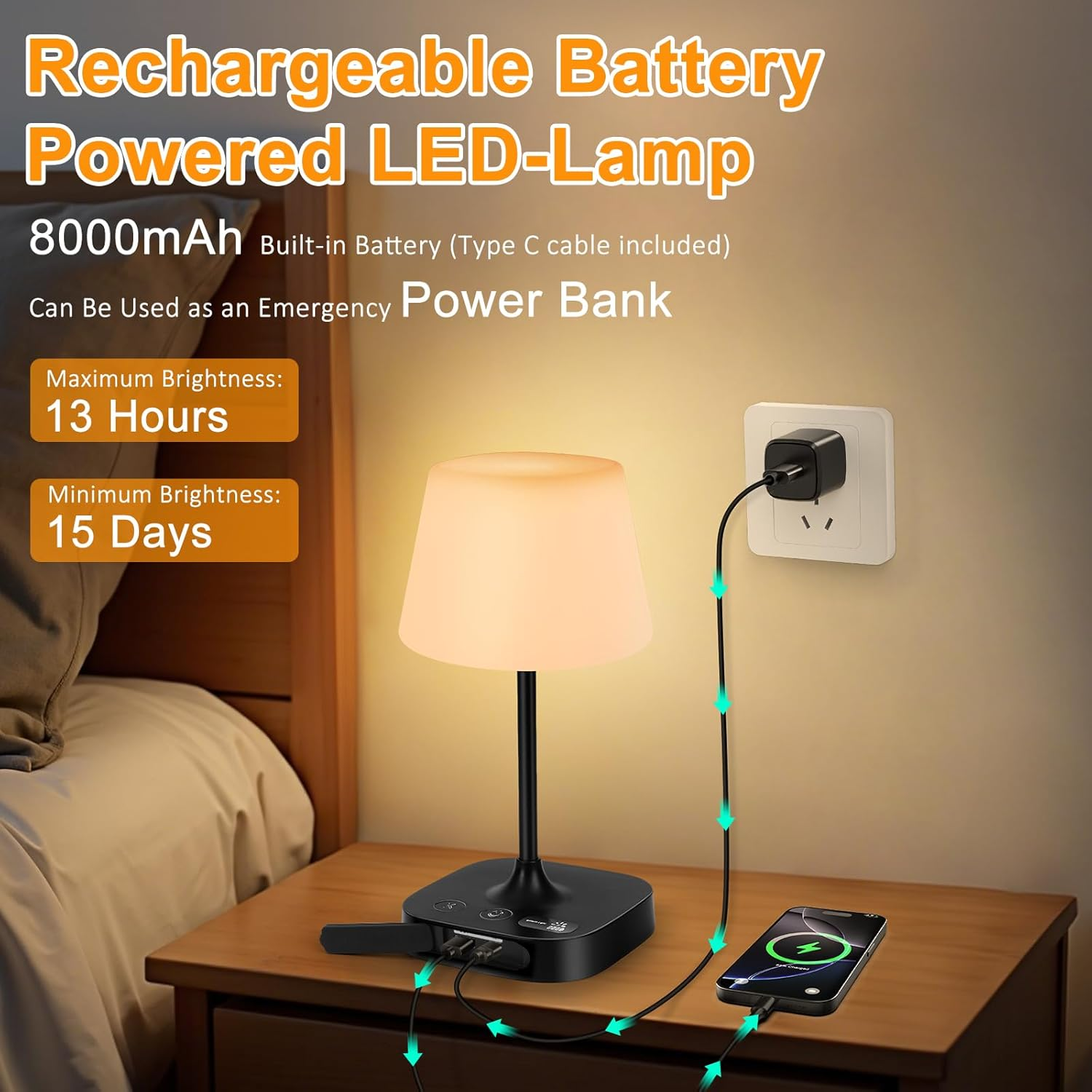 Webcem Rechargeable Table Lamp 8000Mah, IP65 Waterproof Shower Lamp, Cordless Battery Operated Bedside Lamp, 3 Colors & 5 Brightness Dimmable LED Display Portable Touch Lamp for Bathroom, Outdoor image number 4