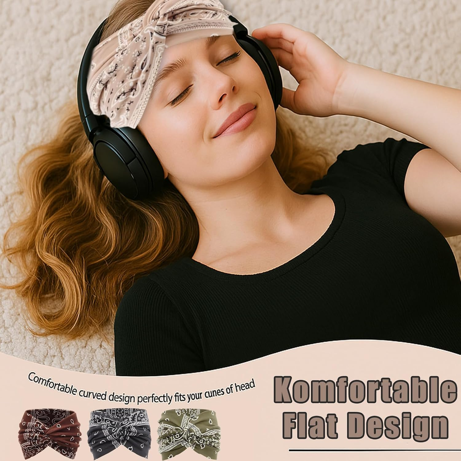 Women'S Hair Bands, Pack of 4, Boho Hair Bands, 22 X 10 Cm, Cotton, Soft Headscarves for Yoga, Sports and Summer (Grey, Brown, Beige, Green)