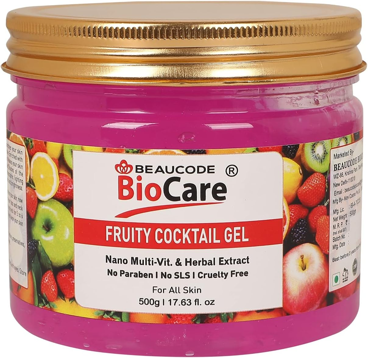 BEAUCODE Biocare Fruity Cocktail Face & Body Gel | Multi Vitamin & Herbal Extract| 100% Vegan | No Paraben | for All Skin -500G