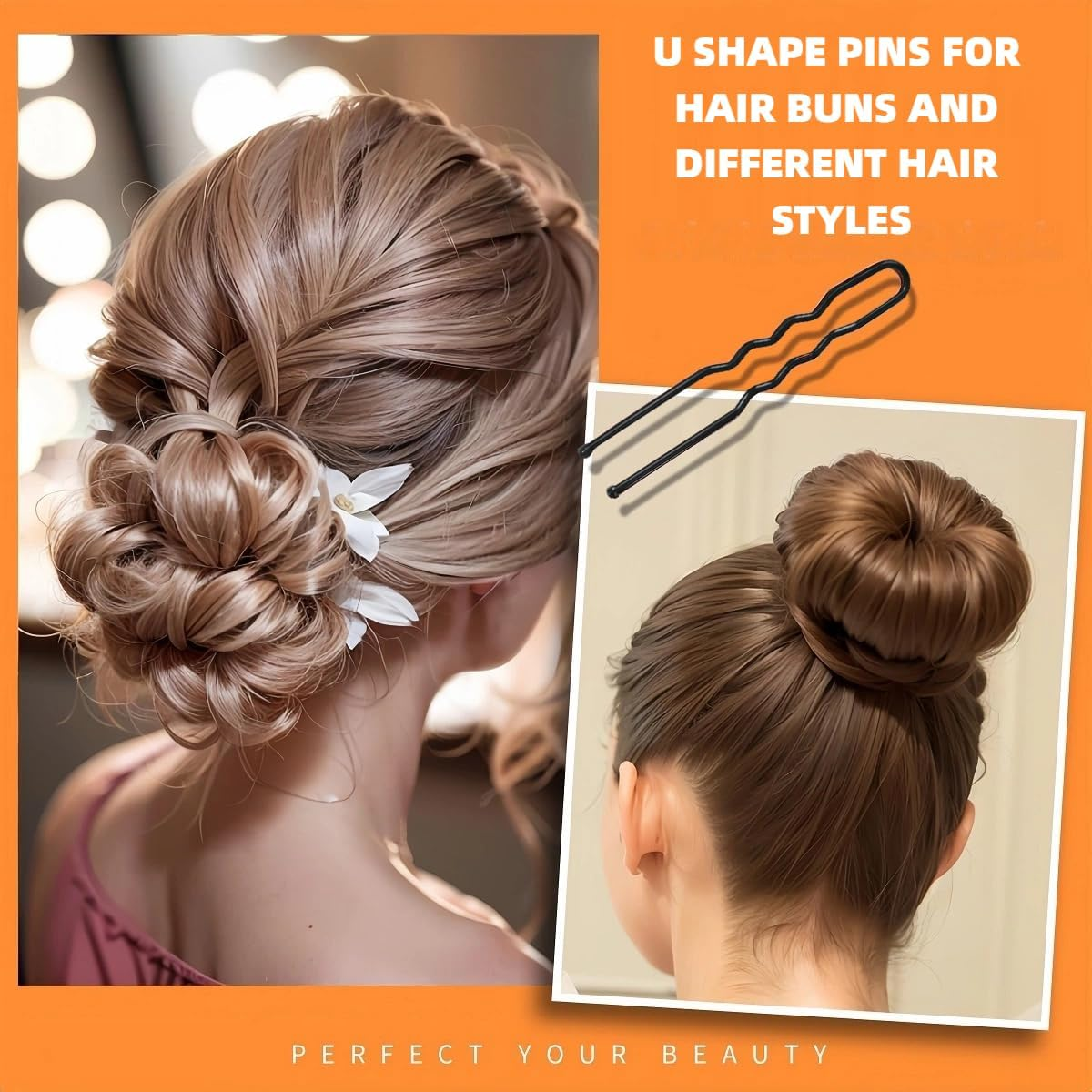 Hair Pins, Black, U-Shaped, Hair Pins, Small Bobby Pins Set with 100 Transparent Rubber Bands and Storage Box, Multiple Sizes, Suitable for Many Occasions image number 1