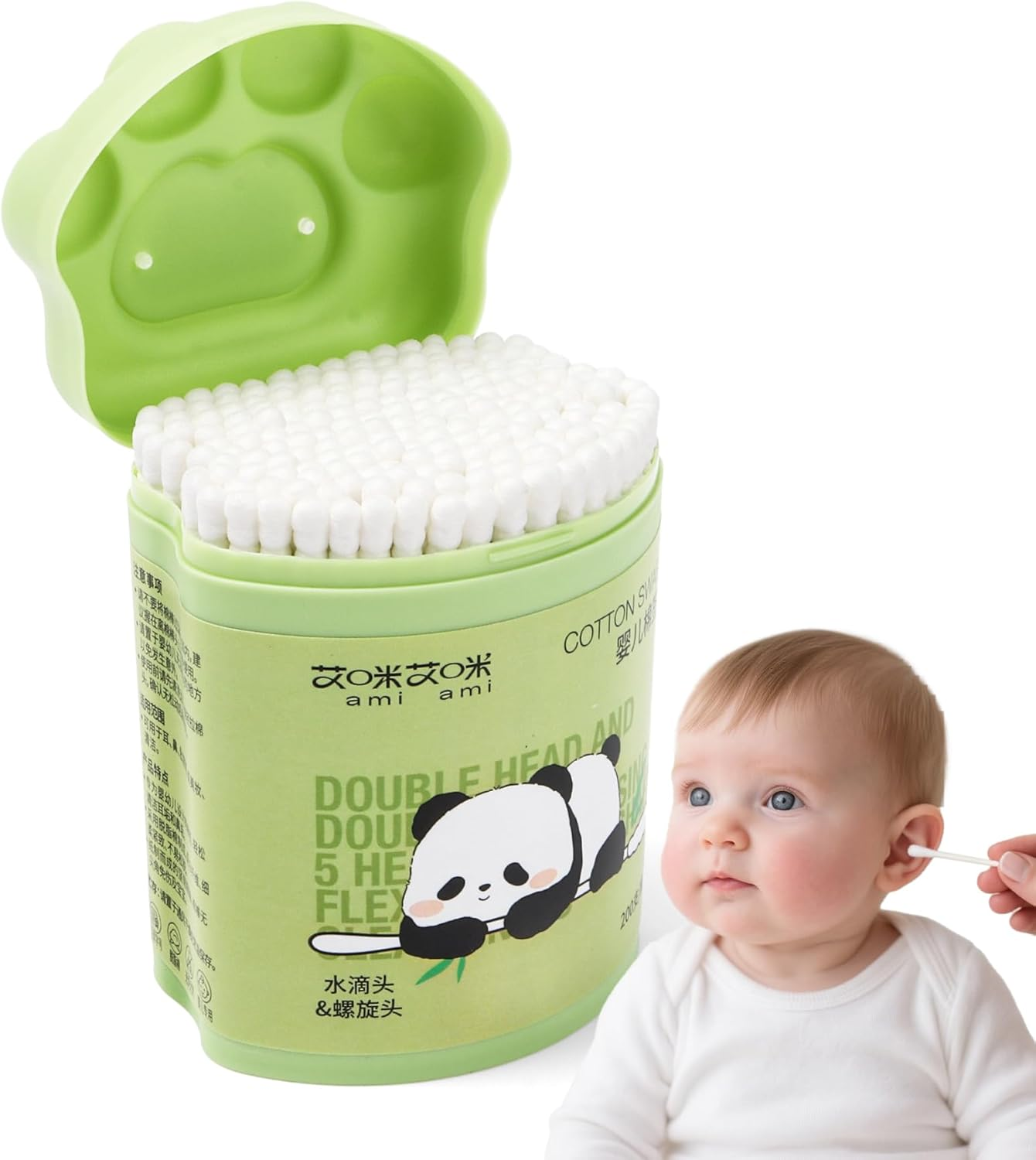 Baby Cotton Swabs in Cat Paw Case &ndash; 200Pcs Dual-Ended Ear Swabs with Water Drop & Spiral Tips, Safe & Gentle for Infant Ear and Nose Cleaning, Green image number 5
