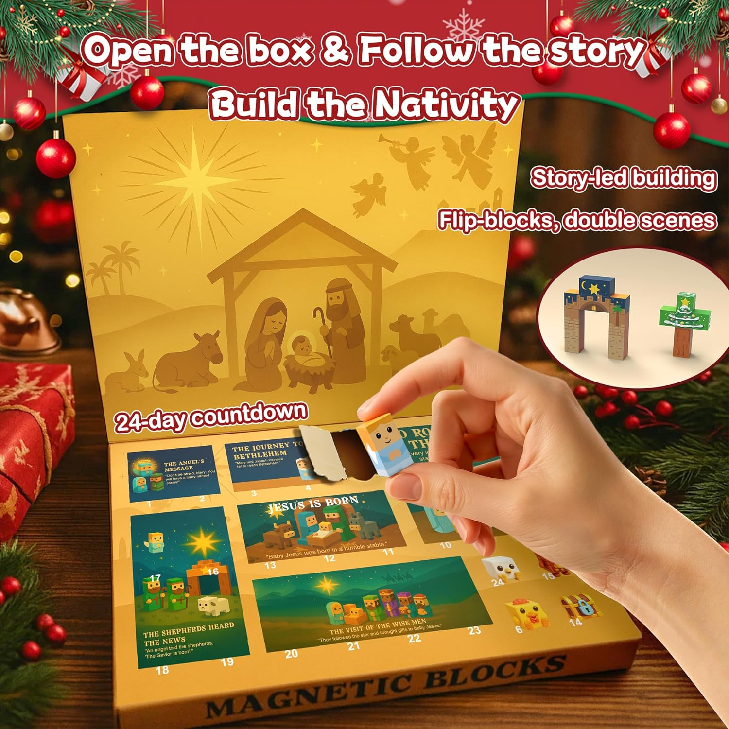 Nativity Advent Calendar 2025, 24 Day Christmas Countdown with Magnet Cubes Jesus Mary Wise Men Angels Animals Magnetic Building Blocks Kits, Educational Holiday Christian Gifts for Kids Boys Teen Girls image number 2