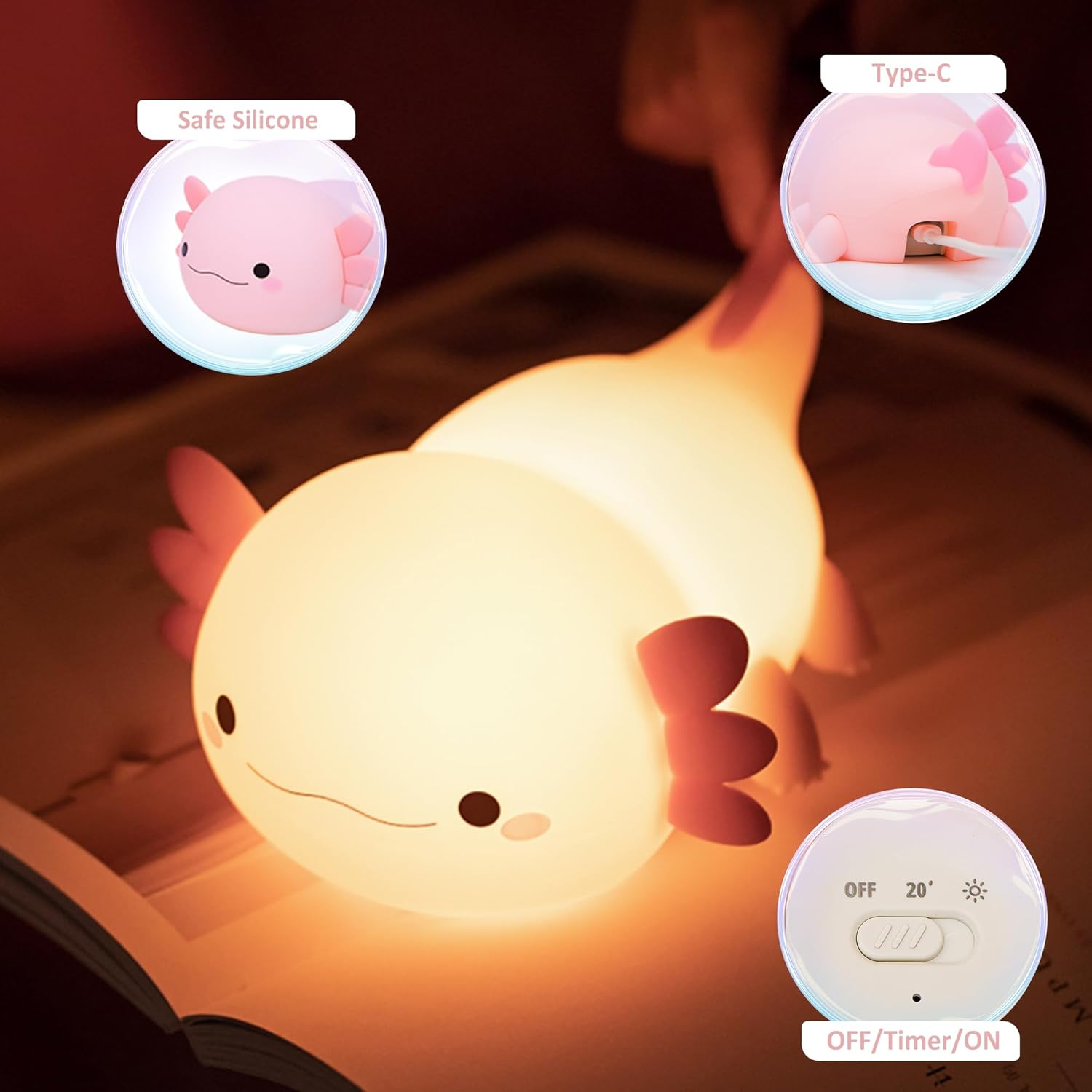 Axolotl Night Light, Cute Salamander Silicone Touch Nursery Lamp, Timer Dimmable Rechargeable LED Nightlight, Soft Toddler Feeding Room Bedside Decor, Best Kids Baby Girls Boys Women Gifts
